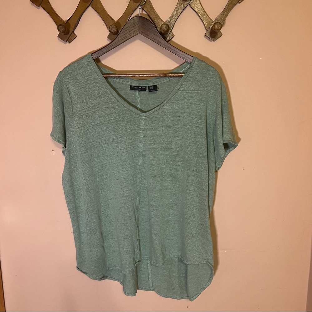 Tahari 100% Linen Green V-Neck Relaxed T-Shirt Size 1X
